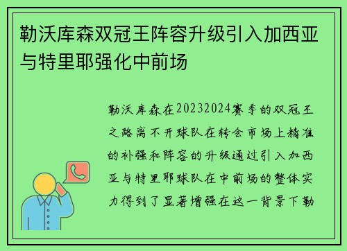 勒沃库森双冠王阵容升级引入加西亚与特里耶强化中前场