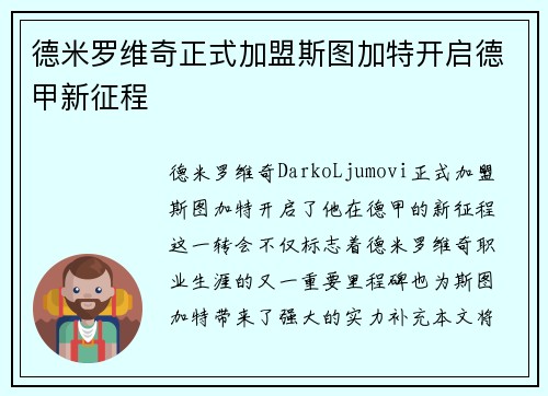 德米罗维奇正式加盟斯图加特开启德甲新征程 德米罗维奇正式加盟斯图加特开启德甲新征程