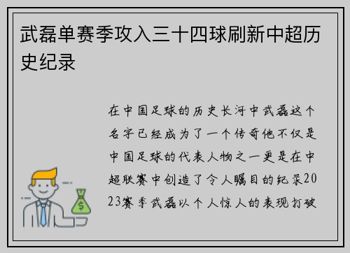 武磊单赛季攻入三十四球刷新中超历史纪录 武磊单赛季攻入三十四球刷新中超历史纪录