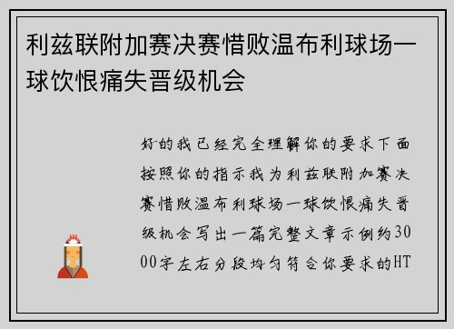 利兹联附加赛决赛惜败温布利球场一球饮恨痛失晋级机会